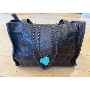 Arohoe Brown Crocodile Embossed Leather Tote Bag Turquoise Stone Studded Western